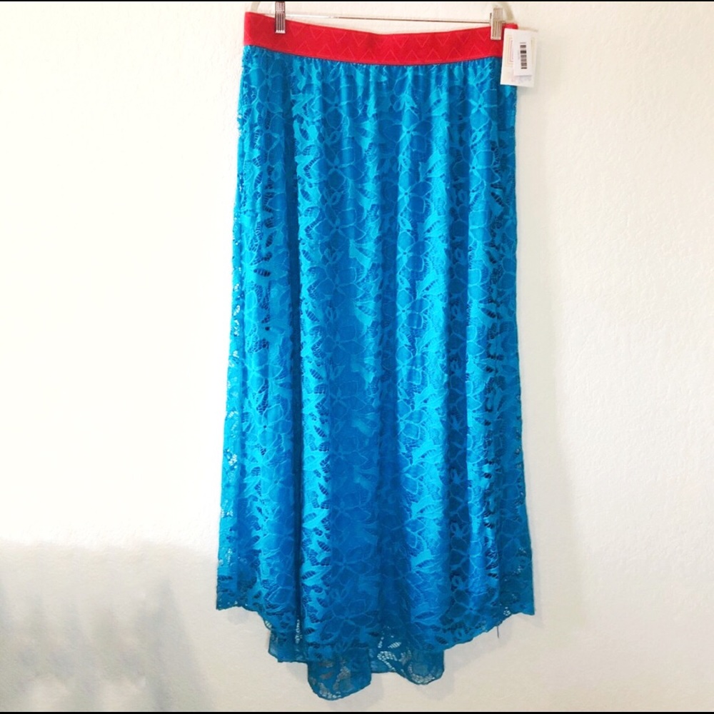 LuLaRoe Maxi Skirt Lucy Blue Floral Lace w/ Red Elastic Waistband Sz 2X BNWT